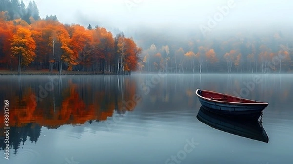 Obraz Tranquil Autumn Morning at a Foggy Lake with Colorful Reflected Trees and a Wooden Boat