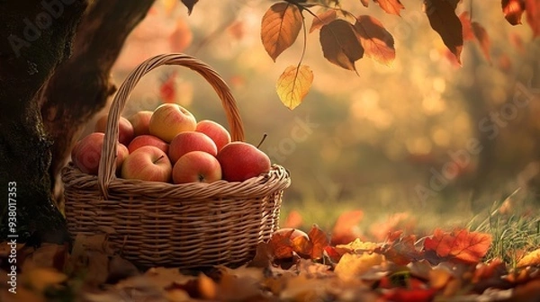 Fototapeta Wicker basket is overflowing with fresh picked apples, sitting on the ground of an autumn orchard, with golden sunlight illuminating the colorful leaves