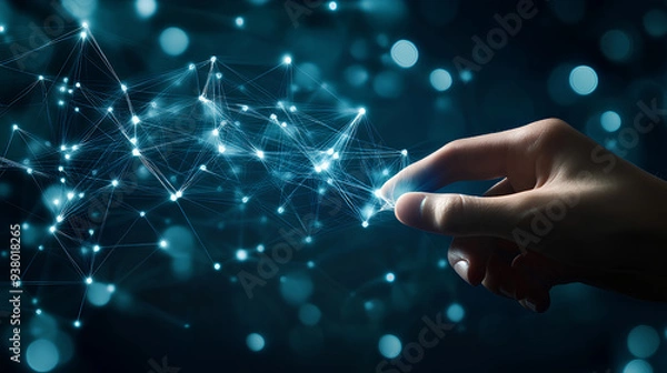 Obraz Close-up image of a person's hand interacting with a futuristic screen.