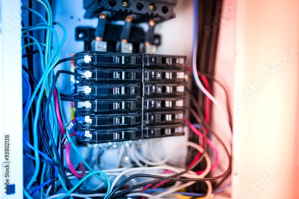Obraz Elektryczne pudełko bezpiecznikowe na zewnątrz w miękkim świetle