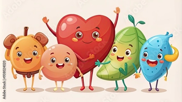 Fototapeta Adorable anthropomorphic organs, including a smiling heart, liver, and lungs, gather together in a whimsical illustration, promoting health and wellness in a playful manner.