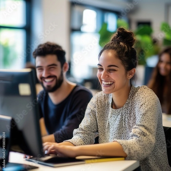 Fototapeta Happy young office colleagues collaborating and smiling working at computers in open plan workplace