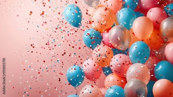 Fototapeta A festive arrangement of balloons in various sizes, with confetti cascading down like a shower of celebration