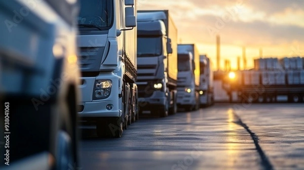Obraz fleet of trucks parked in front of warehouse to delivering factory goods