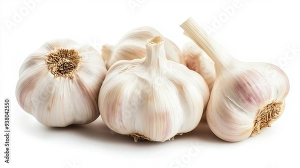 Fototapeta Four whole garlic bulbs, isolated on a white background.