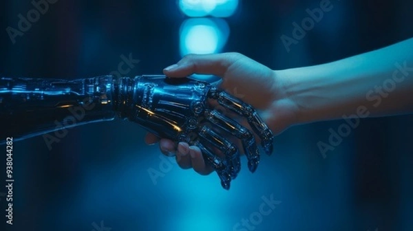 Fototapeta Handshake of robot and human hands on a clean dark background