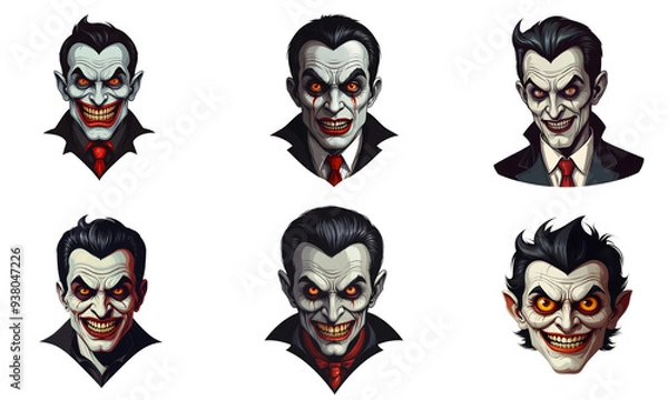 Fototapeta Set of cartoon horror vampire character faces. vector illustration of evil vampire smile scary circus monsters. White background. 