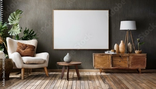 Fototapeta Poster, wall mockup in interior background with old grunge furniture, 3d render