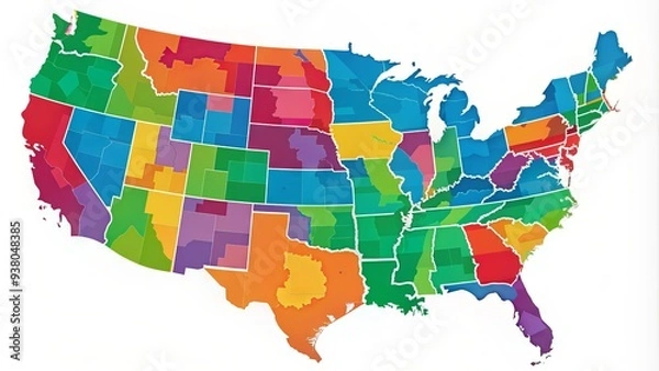 Obraz Vibrant colorful map of United States showcasing 3,144 counties with precise boundaries, perfect for educational, business, or government presentations and visualizations.