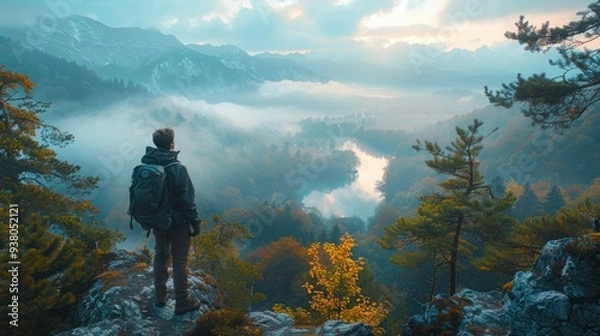 Fototapeta Mountain Climber Reaching Summit for Freedom