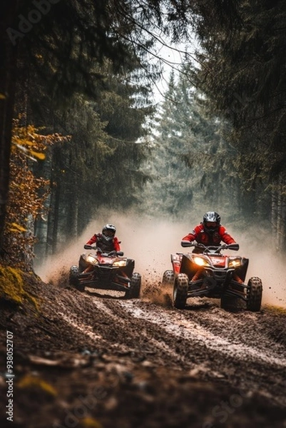 Fototapeta Action shot of two ATV riders speeding through a forest trail
