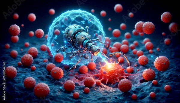 Obraz Ein Nanoroboter bekämft eine Krebszelle. 3D künstliche Illustration für Poster, Hintergründe und social-media.