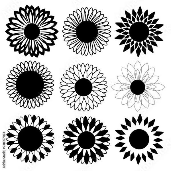 Fototapeta Set of sunflowers outline line drawing