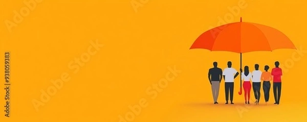 Fototapeta Diverse group of people under a single large umbrella, symbolizing community life insurance, life insurance umbrella, protection, coverage