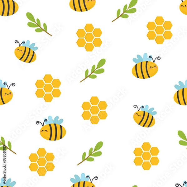 Fototapeta Hand drawn cute bee seamless pattern. Suitable for use for children's and baby designs and also printed on fabrics for clothes, t-shirts, blankets, baby bibs etc