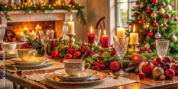 Fototapeta Warmly lit interior scene of a festive holiday table being set with ornaments, candles, and fine china, evoking a sense of cozy seasonal gatherings.