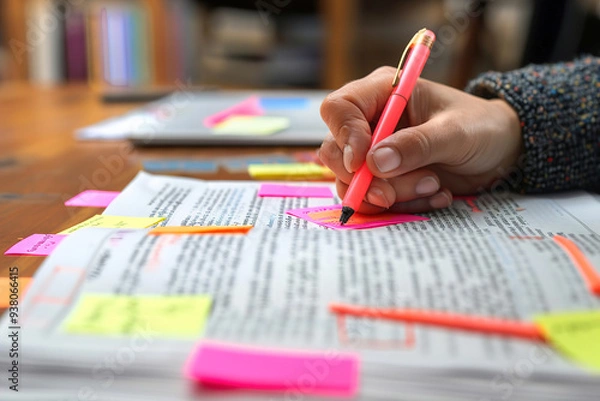 Fototapeta Editor marking corrections on printed manuscript, red pen and post-it notes in hand.