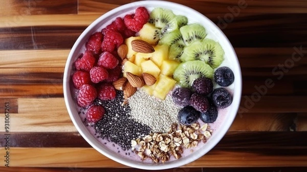 Fototapeta A smoothie bowl topped with colorful fruits and a generous sprinkle of various edible seeds, set on a wooden table.