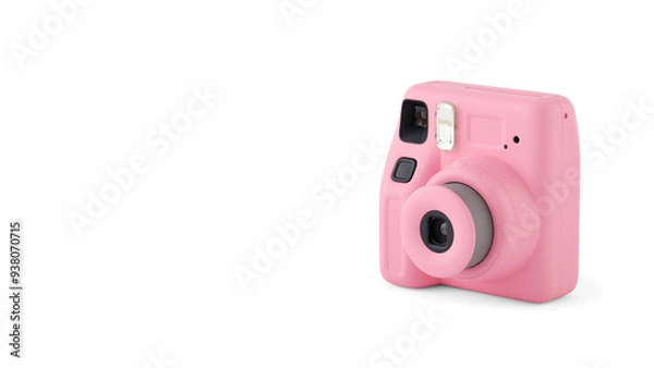 Fototapeta Closeup of pink instant photographic camera, isolated on white copy-space background.