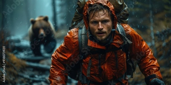 Obraz Man Running From A Bear In The Rain