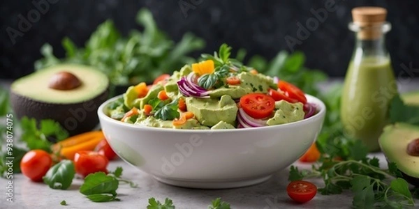 Fototapeta A creamy avocado oilbased dressing bursting with a variety of colorful vegetables and herbs perfect for a guiltfree salad.