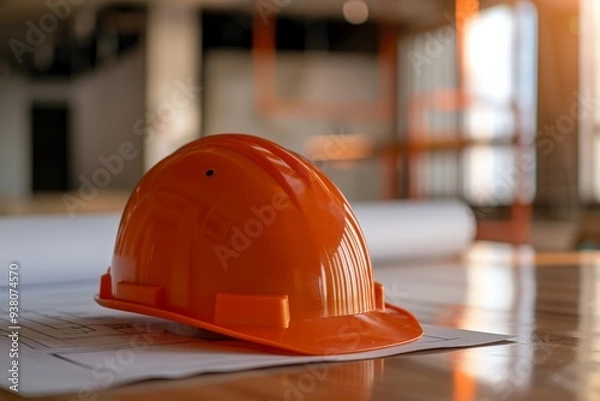 Fototapeta An orange hard hat sits on a blueprint, indicating a construction or engineering project.