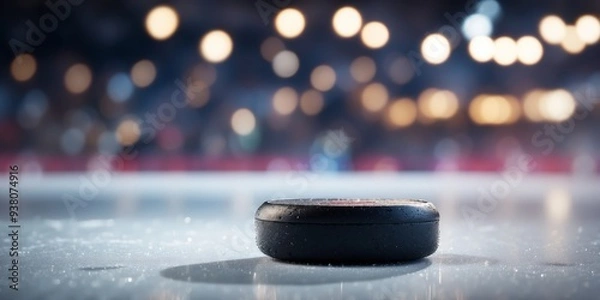 Fototapeta A close-up of a hockey puck on an ice rink with blurred lights.