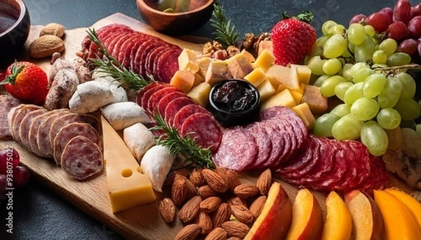 Fototapeta Gourmet fancy charcuterie board with assorted cured meat slices and salami cuts, assortment of yummy food with cheese bites, nuts and fruits, antipasti and tapas snack party background