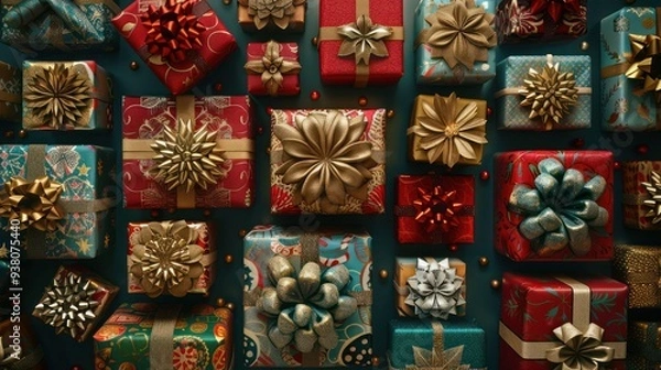Fototapeta Digital design of holiday gifts arranged in a creative pattern. 