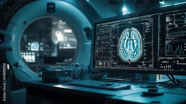 Fototapeta A high-resolution medical imaging scan, such as MRI or CT, displayed with analytical data and annotations.