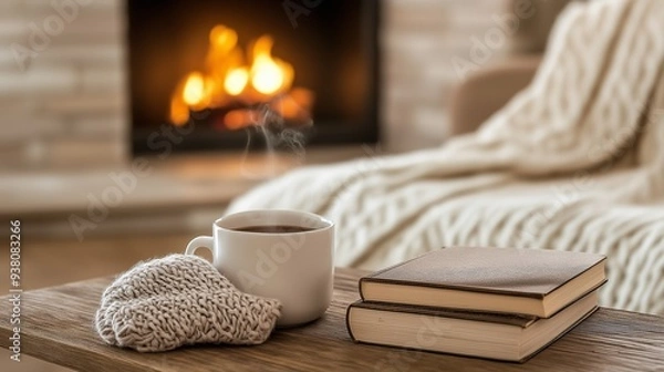 Fototapeta A cup of coffee, books, and a knitted scarf on a table near a fireplace, evoking warmth and relaxation in a cozy setting