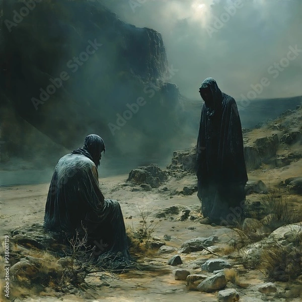 Fototapeta Biblical Story, Jesus was taken by the Spirit into the Desert to be Tempted by the Devil