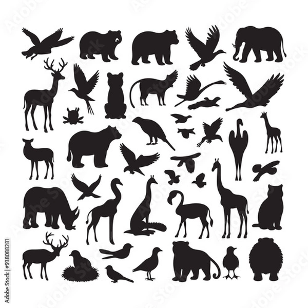 Fototapeta silhoutte animals of savanna, all of is mamalia, silhouettes on a white background. Perfect for designs about animals