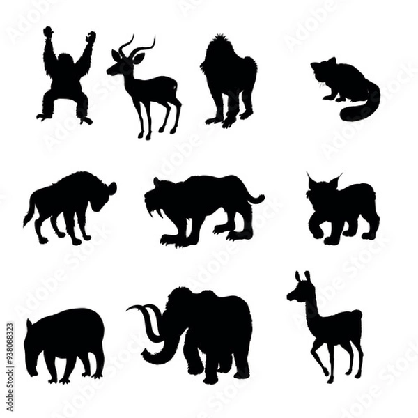 Fototapeta silhoutte animals of savanna, all of is mamalia, silhouettes on a white background. Perfect for designs about animals