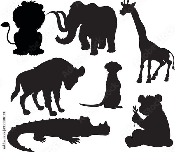 Fototapeta silhoutte animals of savanna, all of is mamalia, silhouettes on a white background. Perfect for designs about animals