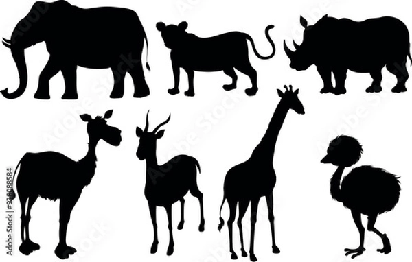 Fototapeta silhoutte animals of savanna, all of is mamalia, silhouettes on a white background. Perfect for designs about animals