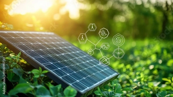 Obraz A rooftop solar panel and ESG icons, positioned against a vivid green backdrop, represent sustainable and moral energy practices in this clean energy concept.
