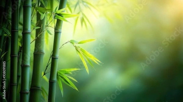 Fototapeta Close-up of green bamboo stalks with leaves, peaceful nature background and environmental conservation concept