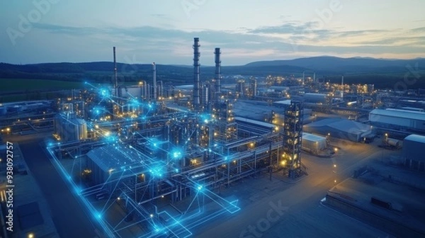 Obraz An aerial view of a sophisticated industrial area paired with graphics of a communication network highlights the significance of connectivity in contemporary industry.