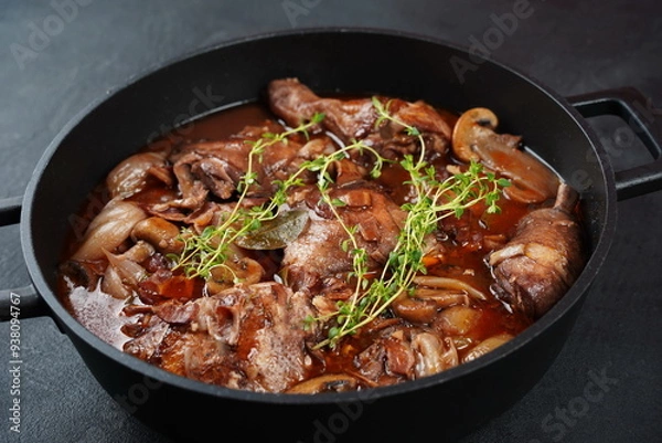 Obraz Coq au vin or rooster, cock with wine. French dish of chicken marinated in Burgundy sauce braised with red wine, bacon, mushrooms, and onion. Seasoned with salt, pepper, thyme