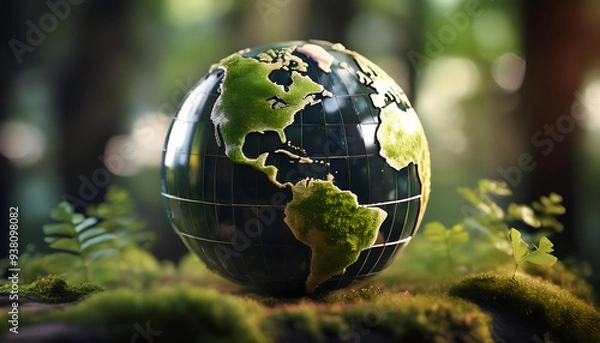 Fototapeta A vibrant globe showing details of North and South America surrounded by lush greenery and moss in a forest setting