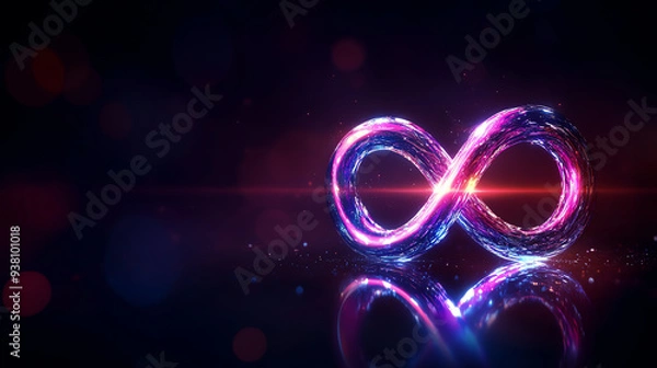Fototapeta A stunning digital representation of the infinity symbol, illuminated with vibrant colors and reflections, symbolizing eternity.