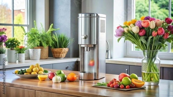 Obraz A refreshing stainless steel water cooler dispenser sits on a modern kitchen counter, surrounded by healthy fruits and a vase of fresh flowers.