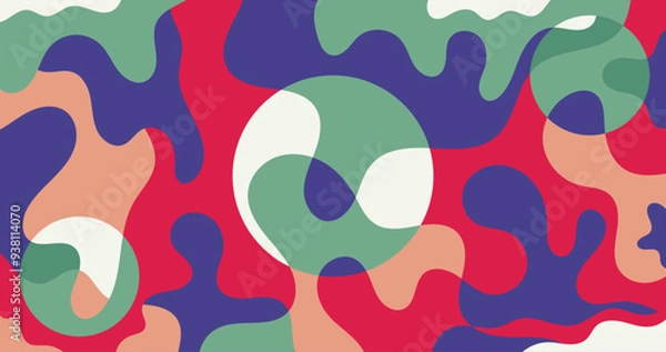 Fototapeta Abstract retro-inspired background with fluid, wavy shapes in bold red, blue, green, and cream tones. Ideal for creative projects, web design, social media, and branding visuals