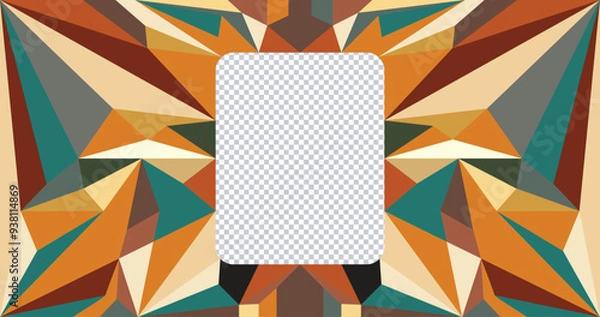 Fototapeta Colorful abstract geometric frame with a transparent center, featuring angular polygons in warm tones. Ideal for photo overlays, invitations, posters, and modern design projects