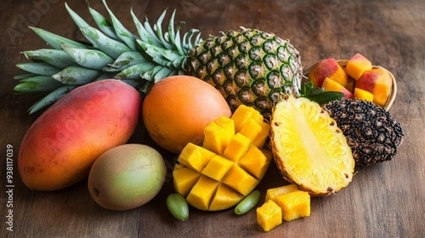 Fototapeta Tropical Fruit Feast: A Delicious Display of Pineapples, Mangos, and More