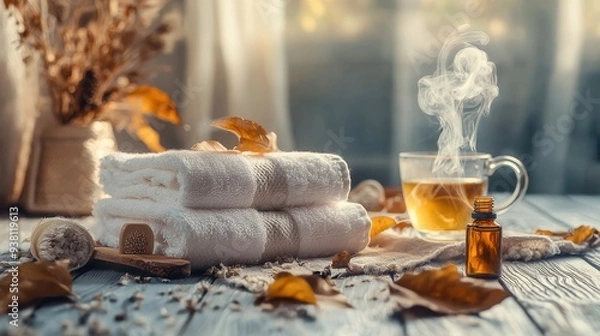 Fototapeta A minimalist spa setup features fluffy towels, essential oils, and a steaming cup of herbal tea, with dried autumn leaves and warm tones creating a cozy, inviting atmosphere.