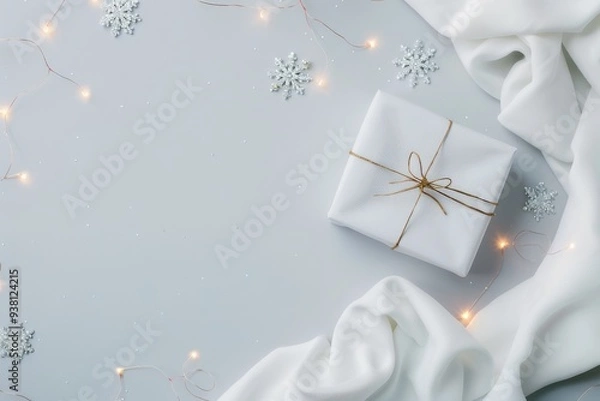 Obraz A white wrapped gift sits on a light gray background surrounded by white fabric, twinkle lights, and snowflakes.