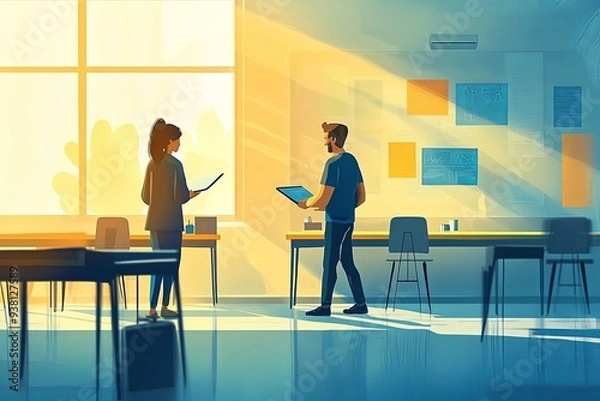 Fototapeta Conceptual illustration of a teacher and student working together in a bright, airy university classroom, with soft light creating a halo effect around them, emphasizing the clarity and focus of