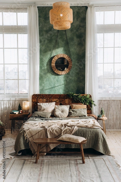 Obraz Double bed with wooden headboard placed between two large windows in spacious Christmas-decorated bedroom. Sunlight fills the room, highlighting green walls and festive decor
